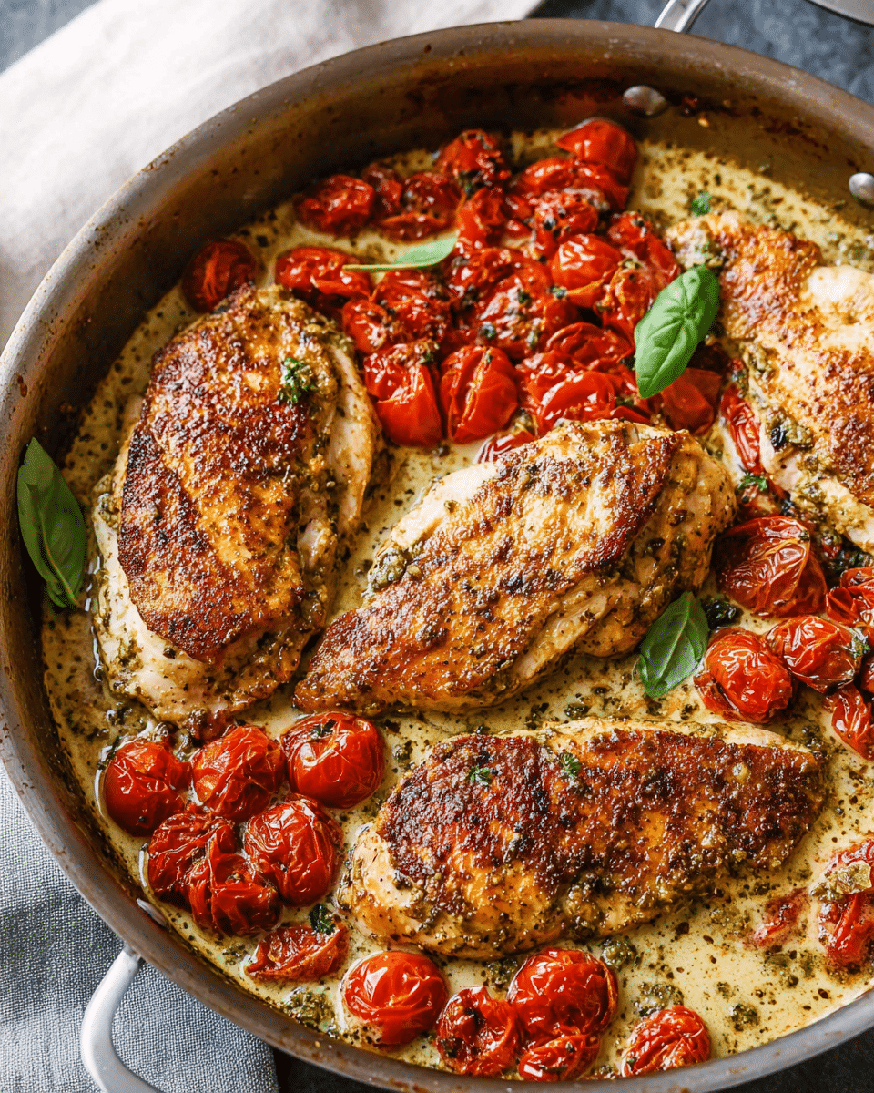 Creamy Pesto Chicken with Roasted Tomatoes