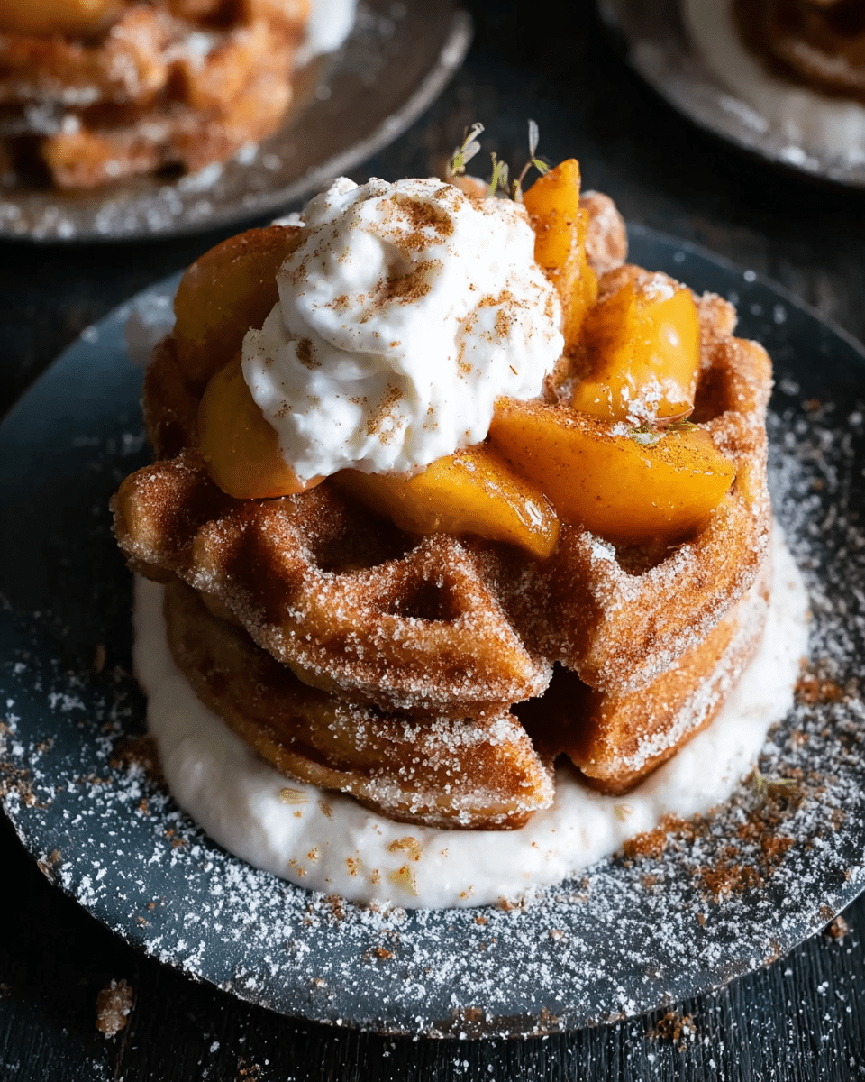 Churro Waffles w/ Peaches & Cream Sauce