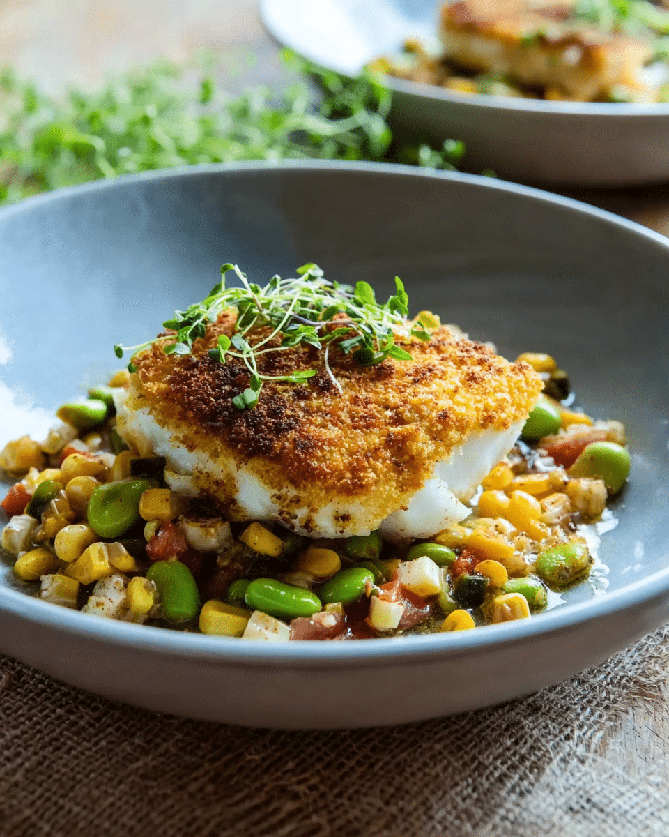 Cornmeal Crusted Halibut with Summer Succotash