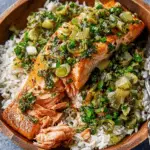 Miso Butter Salmon with Sizzled Scallion Salsa Verde