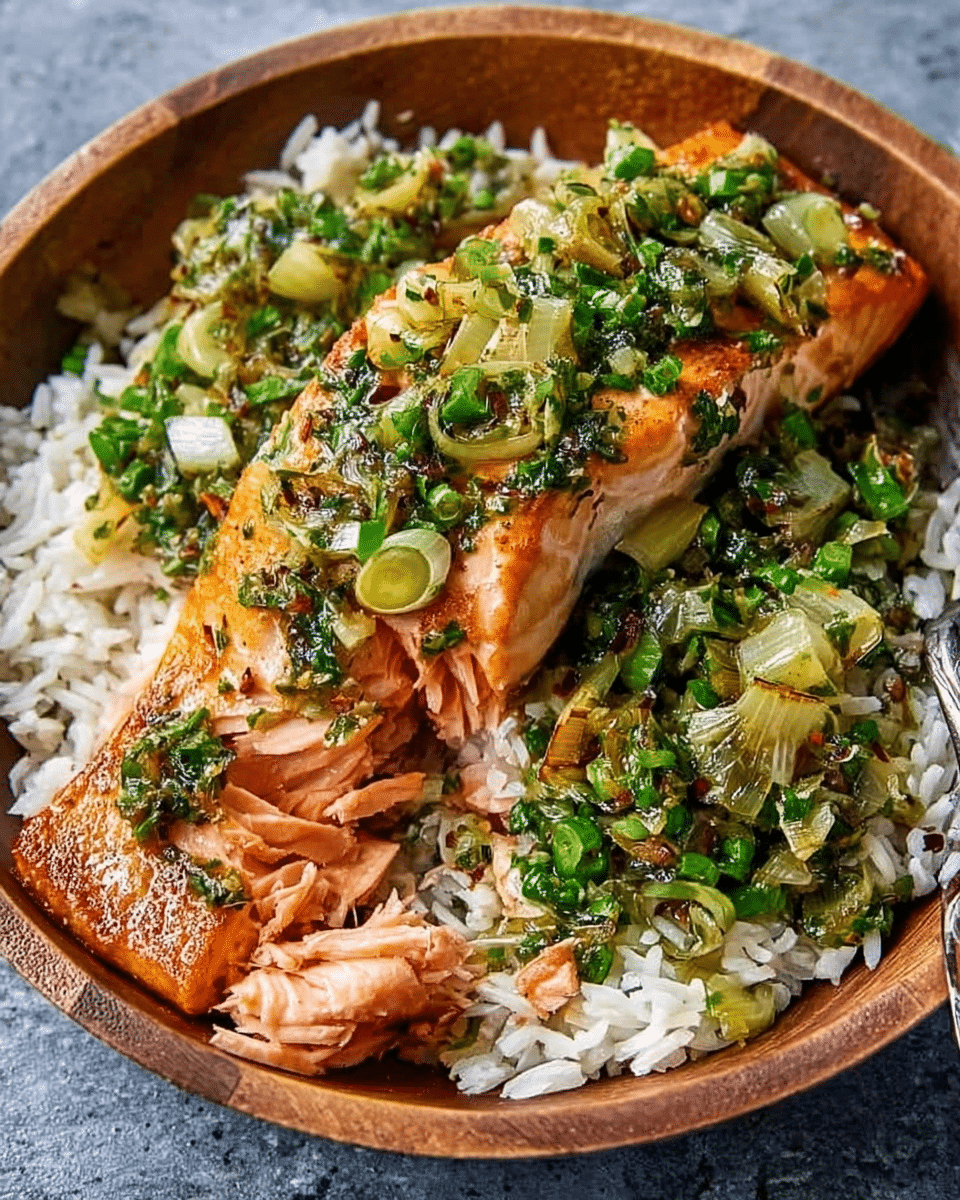 Miso Butter Salmon with Sizzled Scallion Salsa Verde