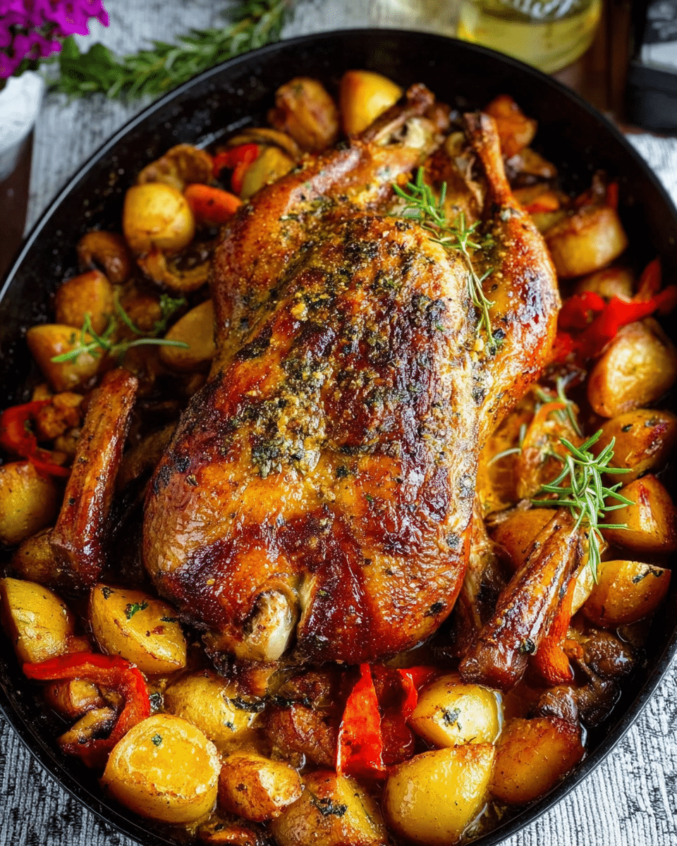 Roasted Duck in Wine with Potatoes, Peppers and Mushrooms