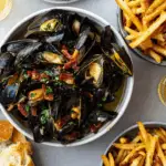 Moules Frites in White Wine with Pancetta