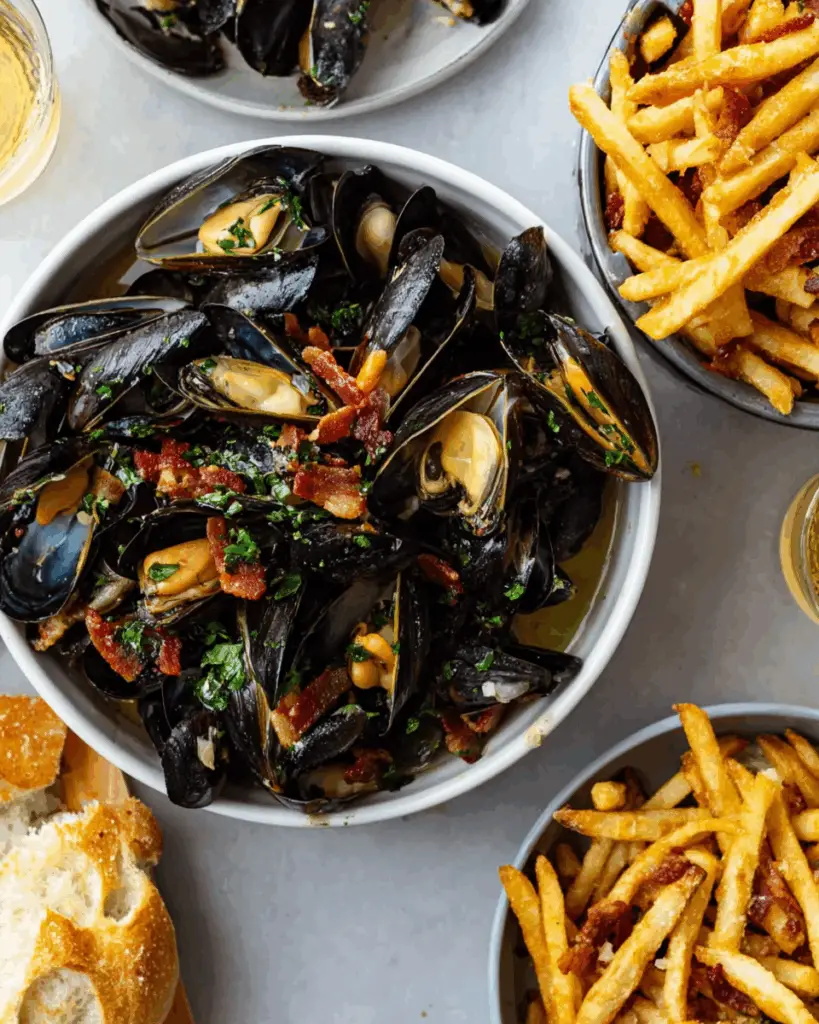 Moules Frites in White Wine with Pancetta