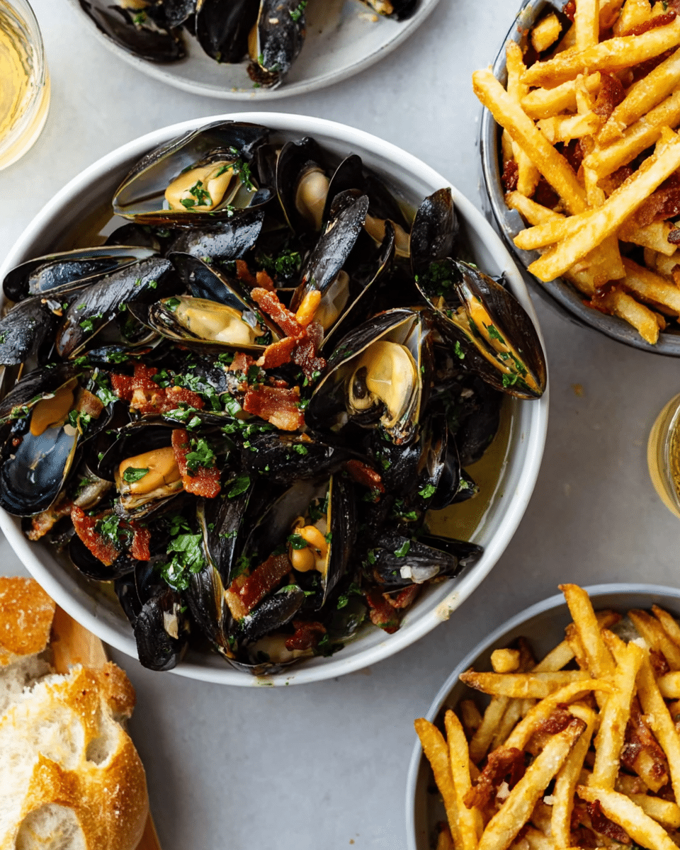 Moules Frites in White Wine with Pancetta