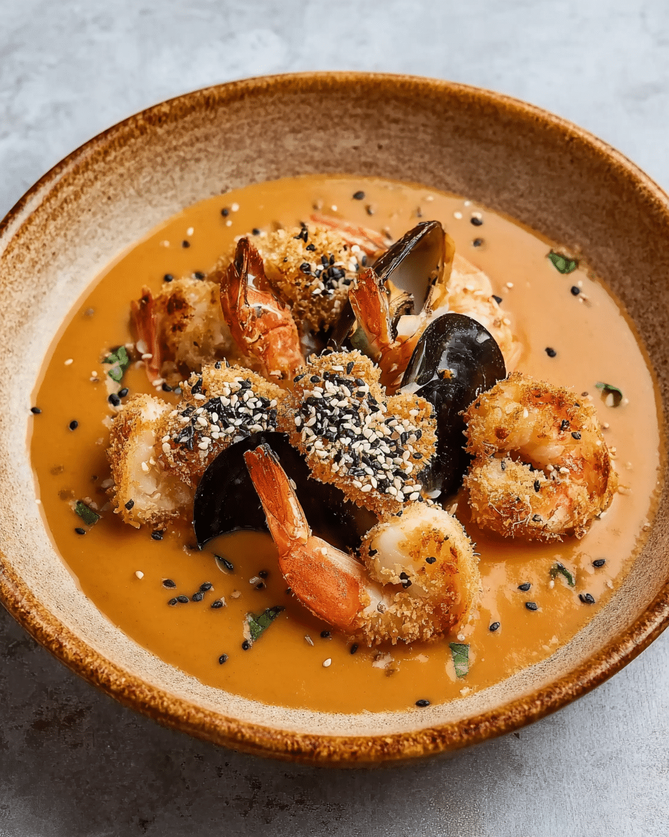 Spiced Seafood Bisque With Sesame Prawn Croutons