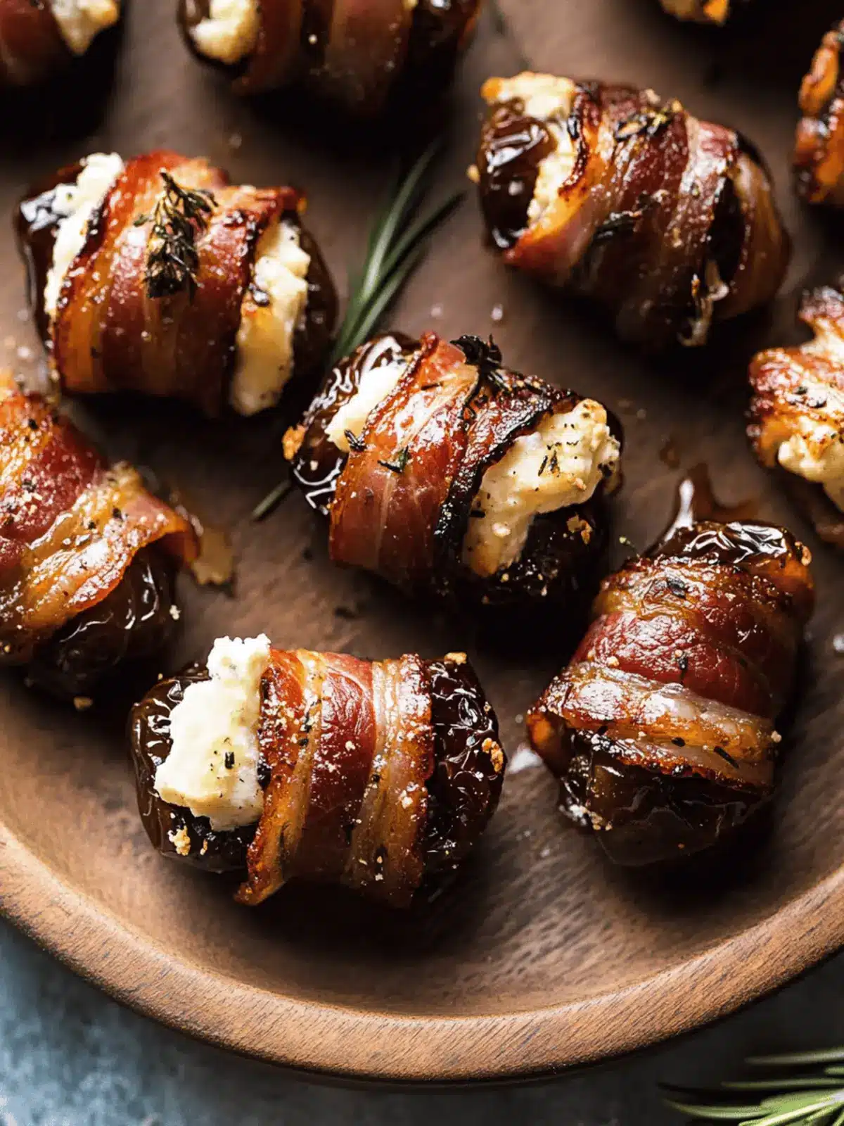 Goat Cheese Stuffed Bacon Wrapped Dates with Rosemary Honey
