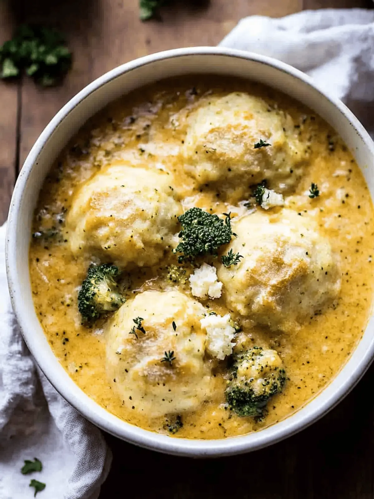 One Pot Broccoli Cheddar and Dumplings