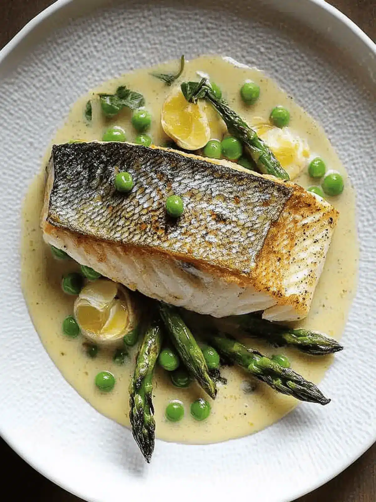 Grilled Bream With Mustard And Tarragon Sauce, Asparagus And Peas