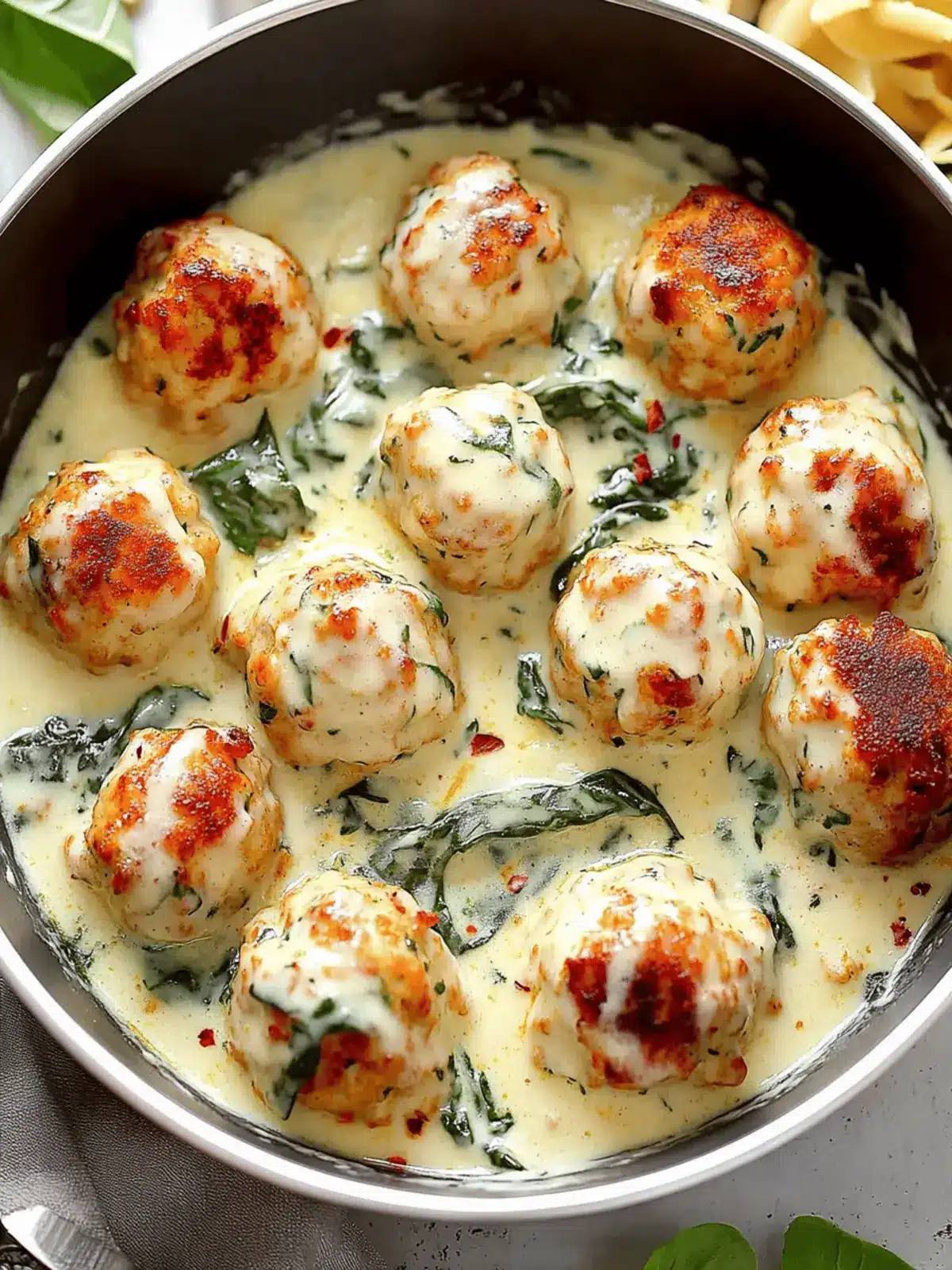 Baked Chicken Ricotta Meatballs in Spinach Alfredo Bliss