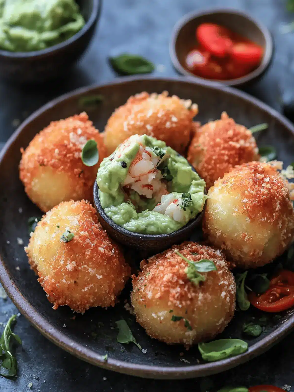 Blue Cheese Lobster Beignets with Spicy Avocado Cream + Garden Veggie Sauté