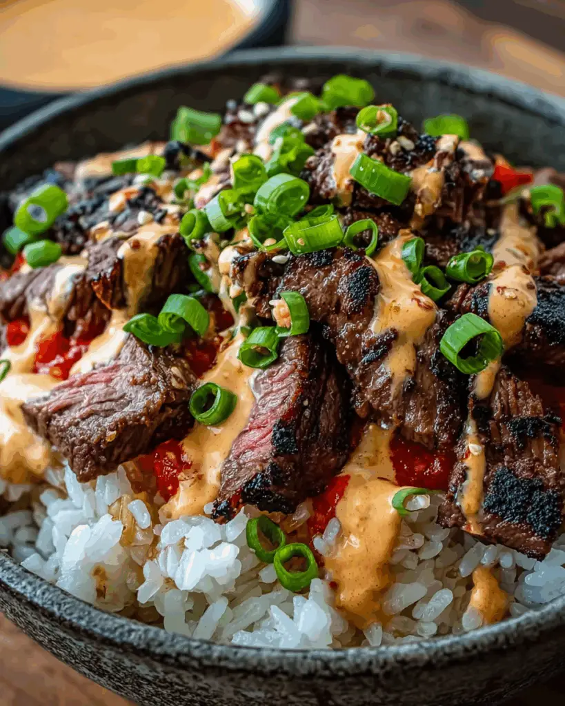 Korean BBQ Steak Rice Bowls with Spicy Cream Sauce
