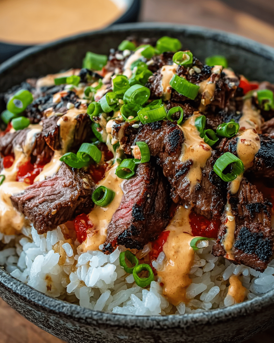 Korean BBQ Steak Rice Bowls with Spicy Cream Sauce