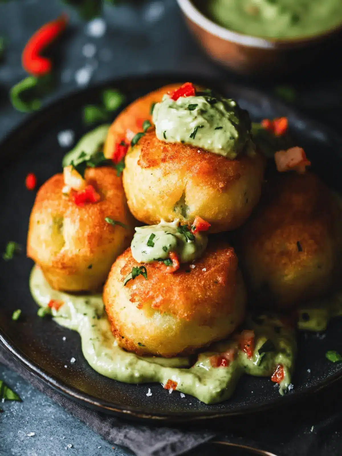 Blue Cheese Lobster Beignets with Spicy Avocado Cream + Garden Veggie Sauté