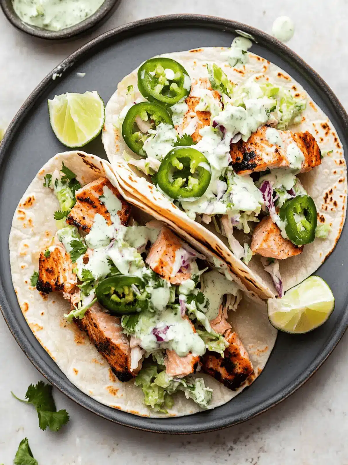 Spicy Salmon Tacos with Jalapeno Cilantro Slaw