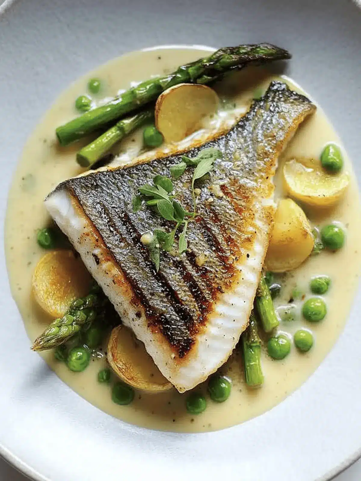 Grilled Bream with Mustard Tarragon Sauce, Peas & Asparagus Delights