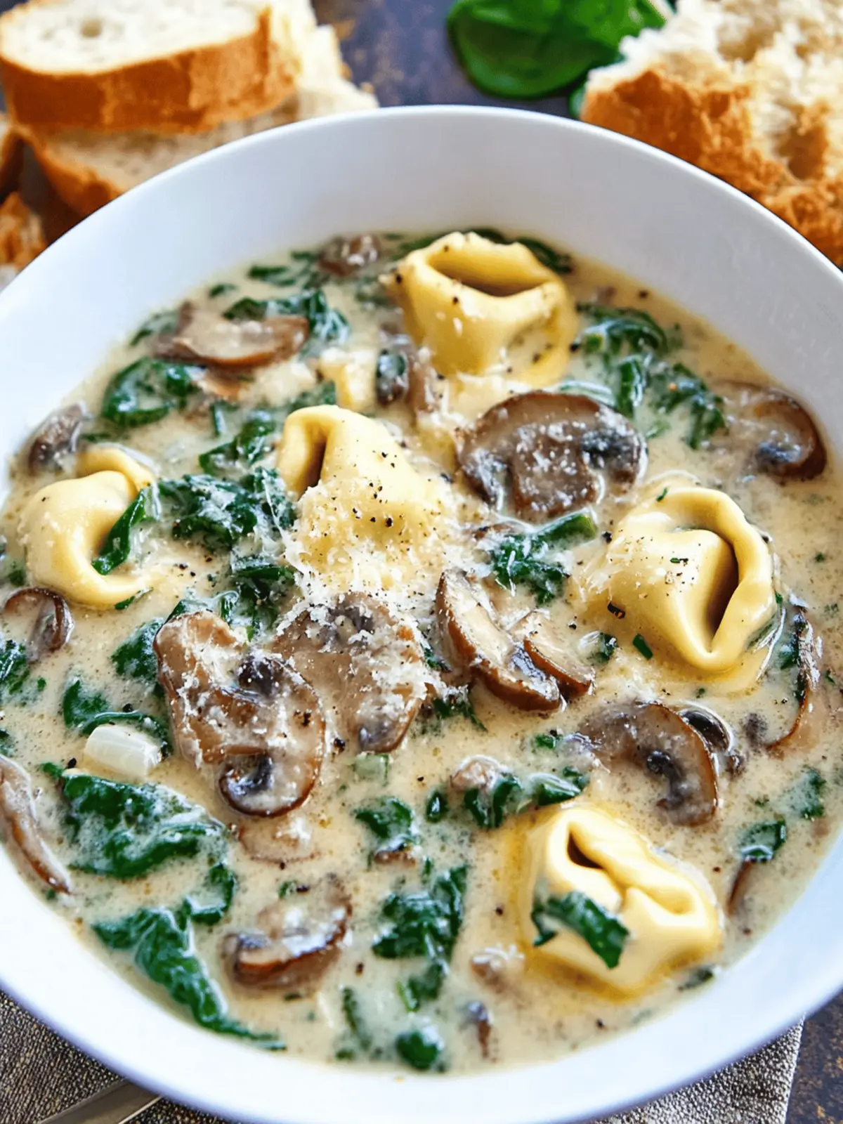 Creamy Parmesan Mushroom and Spinach Tortellini Soup