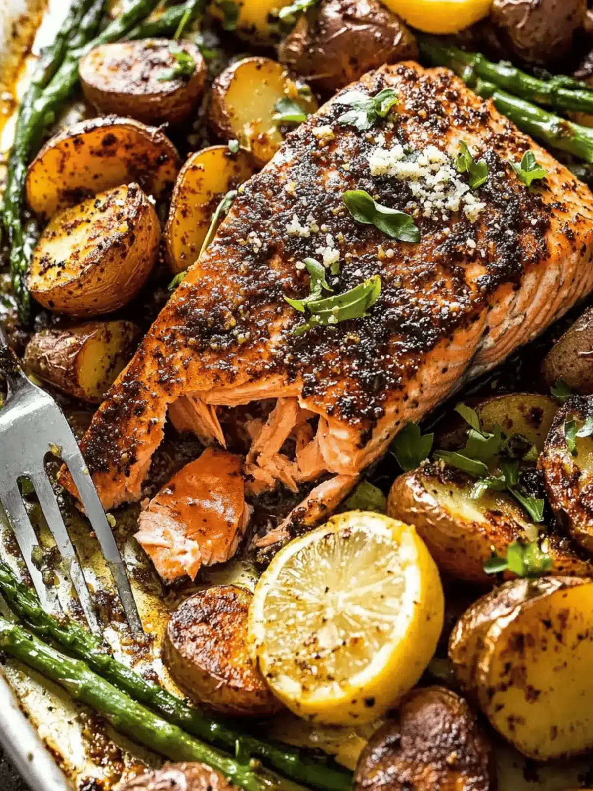 Lemon Brown Butter Salmon and Potatoes with Parmesan Asparagus