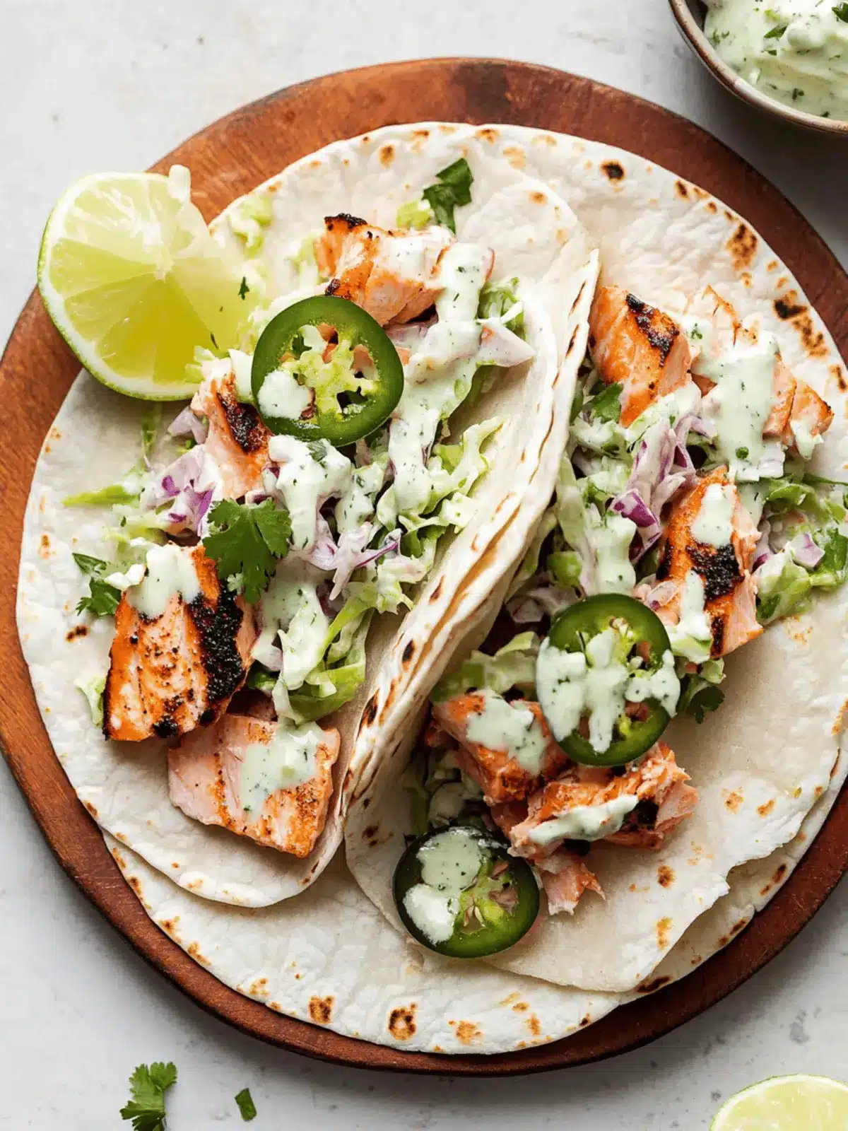 Spicy Salmon Tacos with Jalapeno Cilantro Slaw