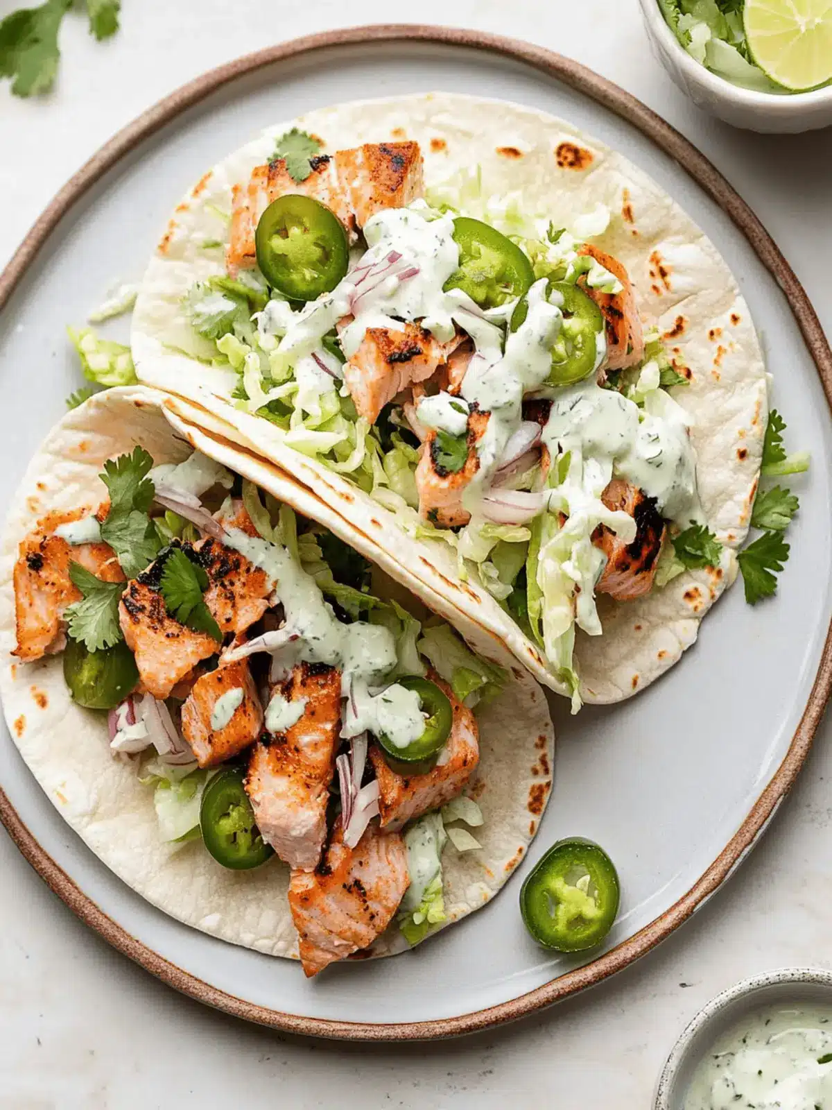 Spicy Salmon Tacos with Jalapeno Cilantro Slaw
