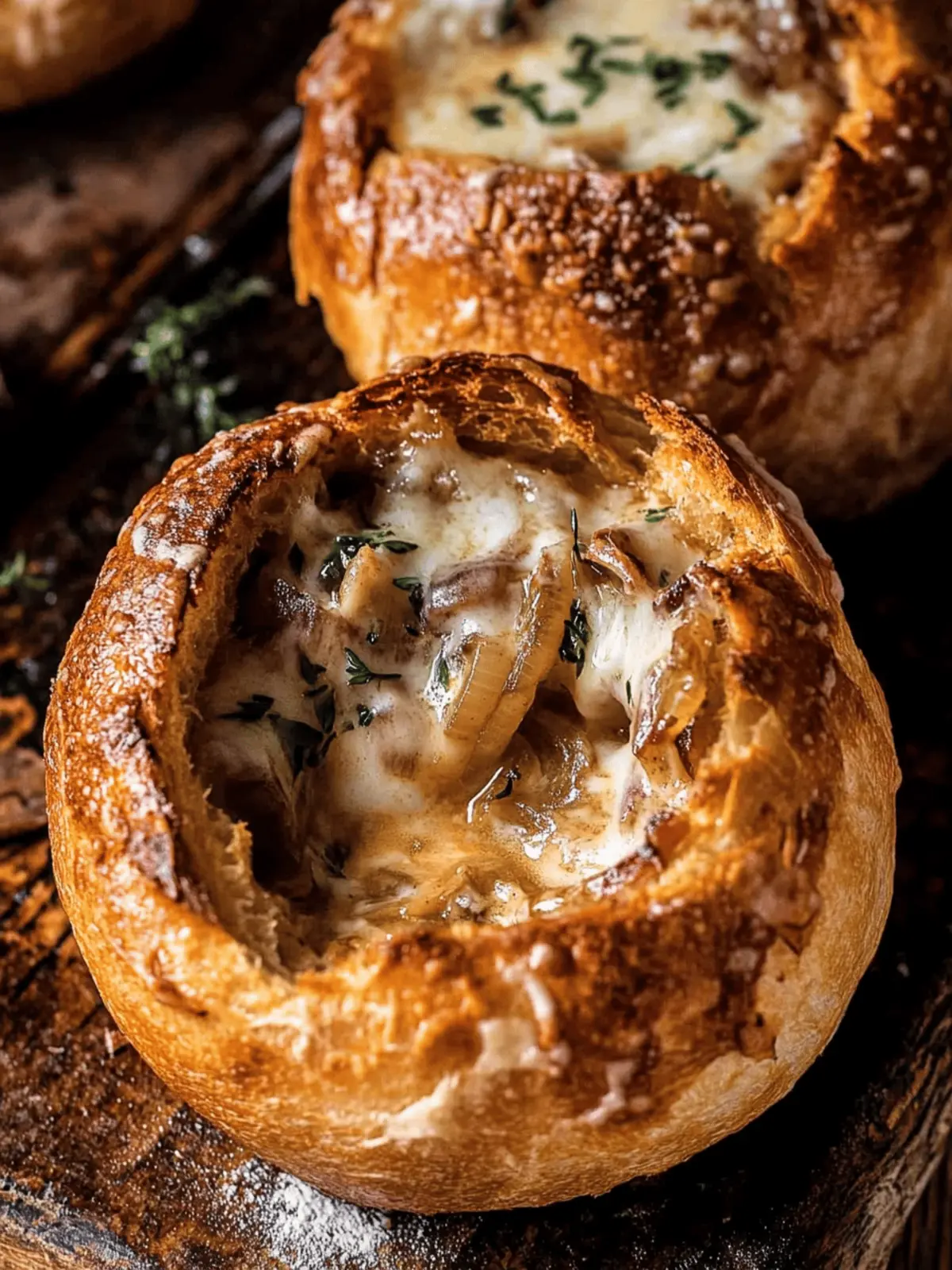 Deliciously Creamy French Onion Soup in Crunchy Bread Bowls