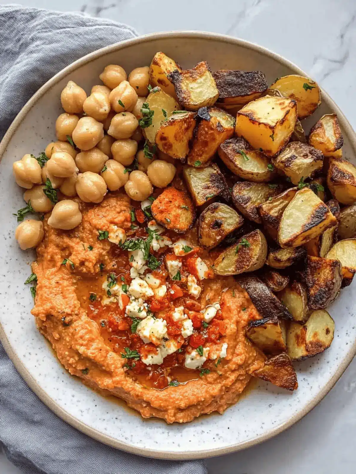 Zesty Red Pepper Feta Dip with Roasted Potatoes & Chickpeas
