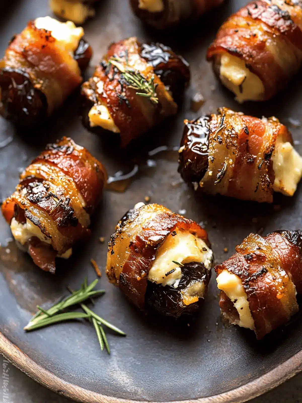 Goat Cheese Stuffed Bacon Wrapped Dates with Rosemary Honey