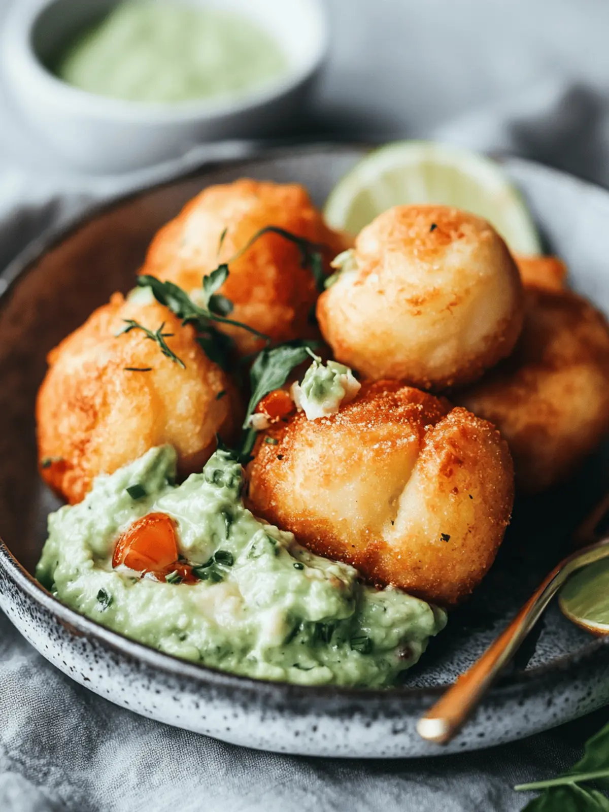 Blue Cheese Lobster Beignets with Spicy Avocado Cream + Garden Veggie Sauté