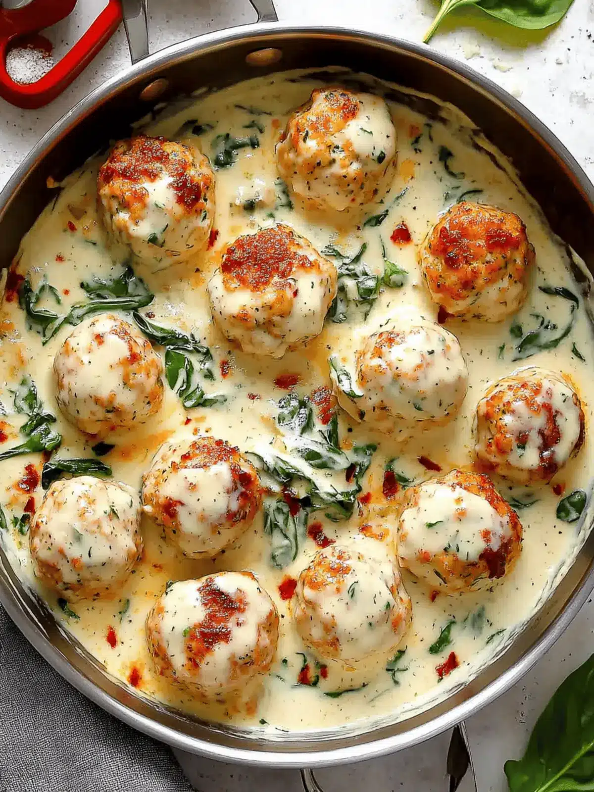 Baked Chicken Ricotta Meatballs in Spinach Alfredo Bliss