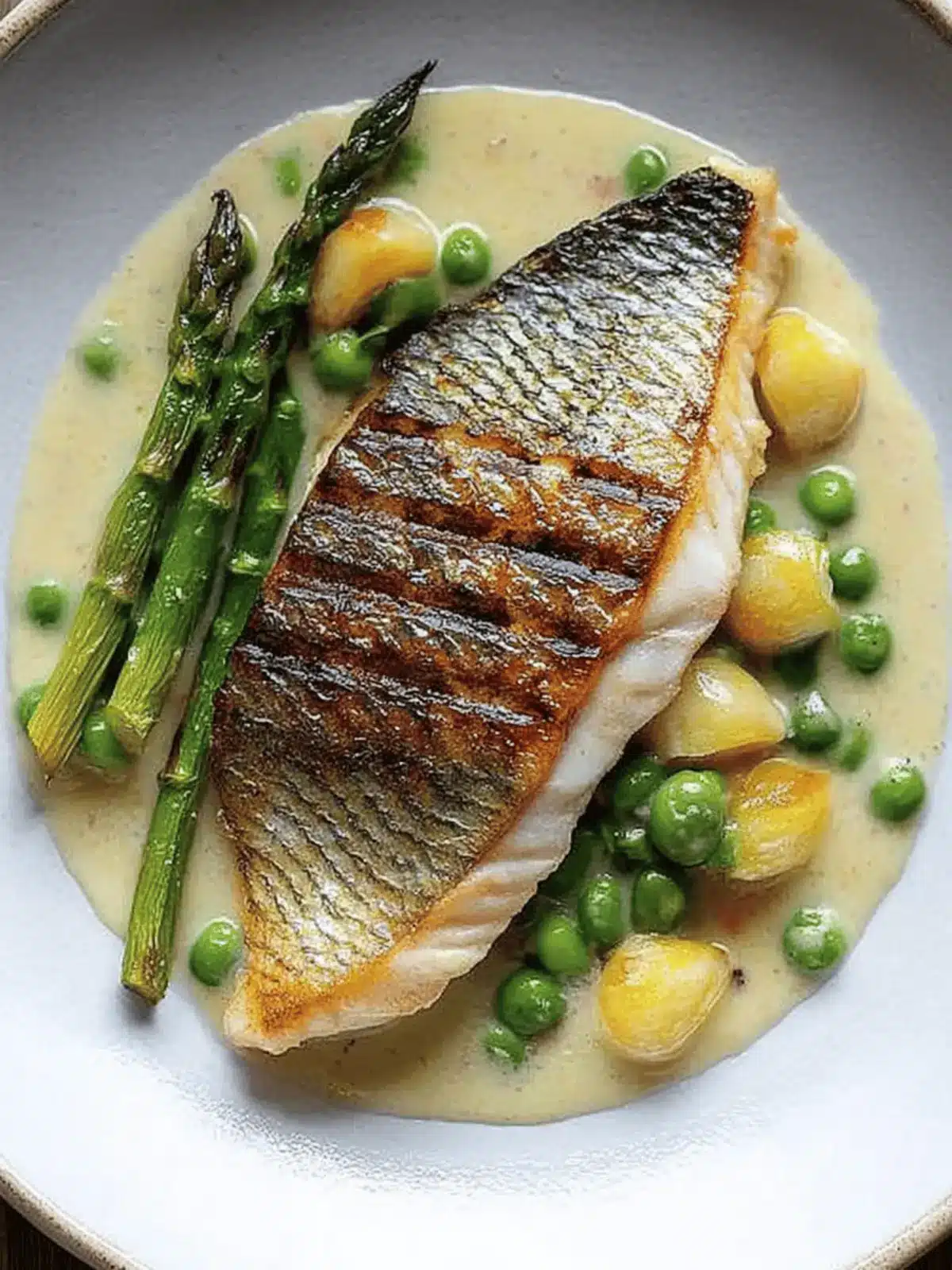 Grilled Bream with Mustard Tarragon Sauce, Peas & Asparagus Delights