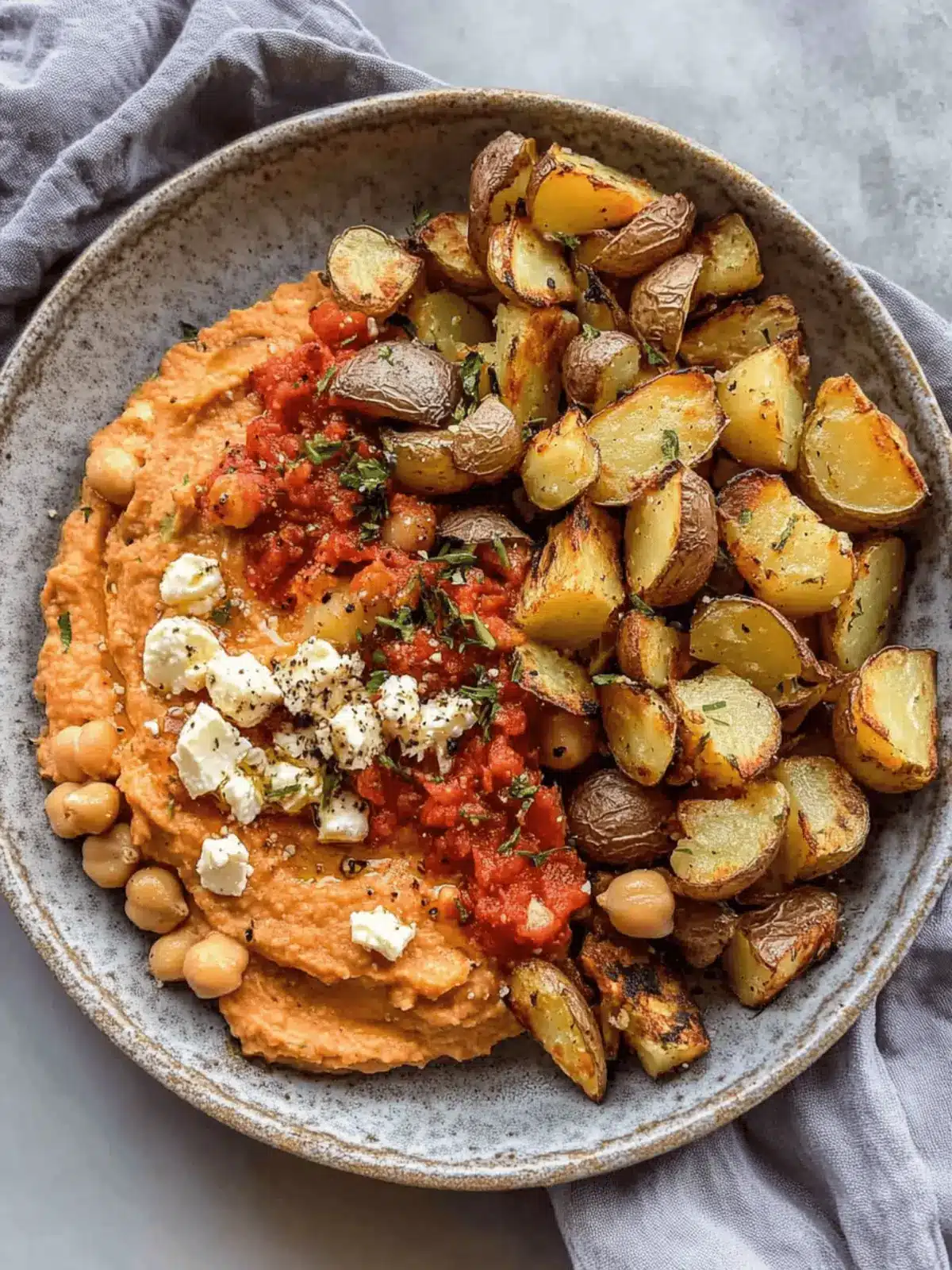 Zesty Red Pepper Feta Dip with Roasted Potatoes & Chickpeas