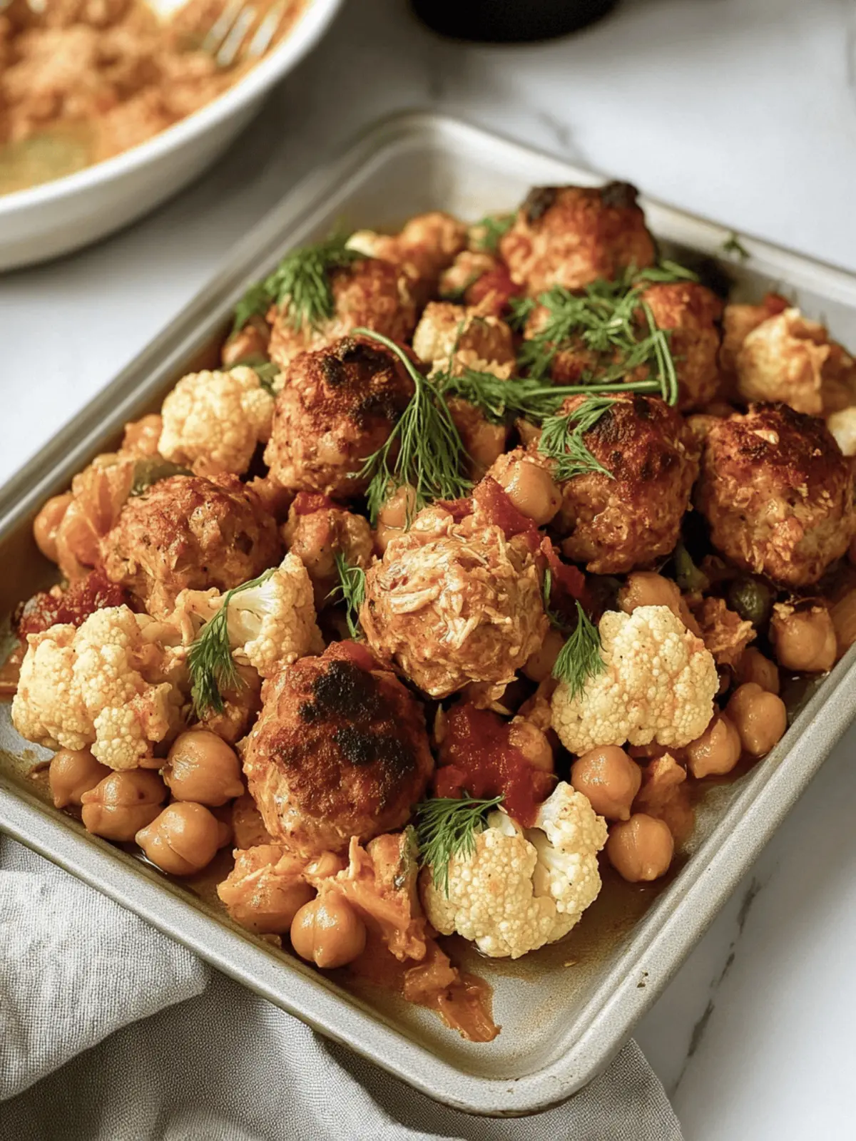 Sheet Pan Harissa Chicken Meatballs with Chickpeas and Cauliflower