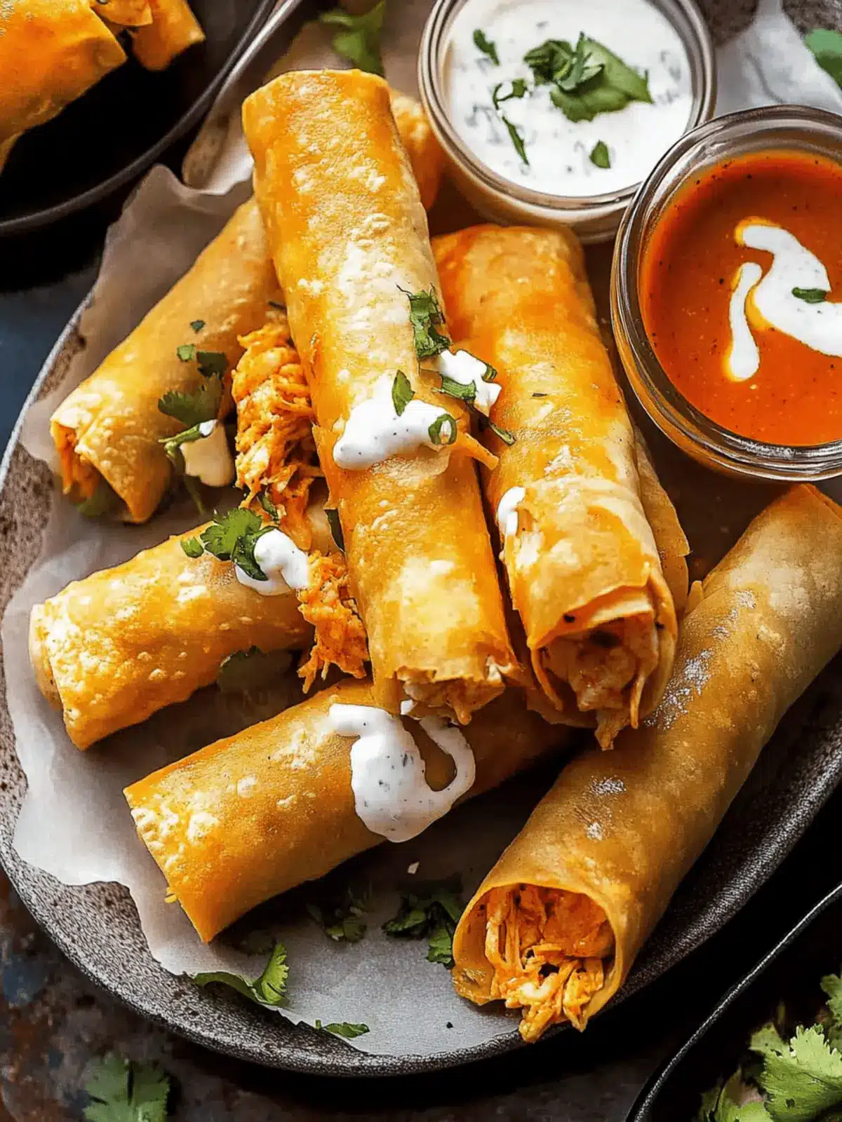 Jalapeño Cream Cheese Chicken Taquitos with Buffalo Sauce