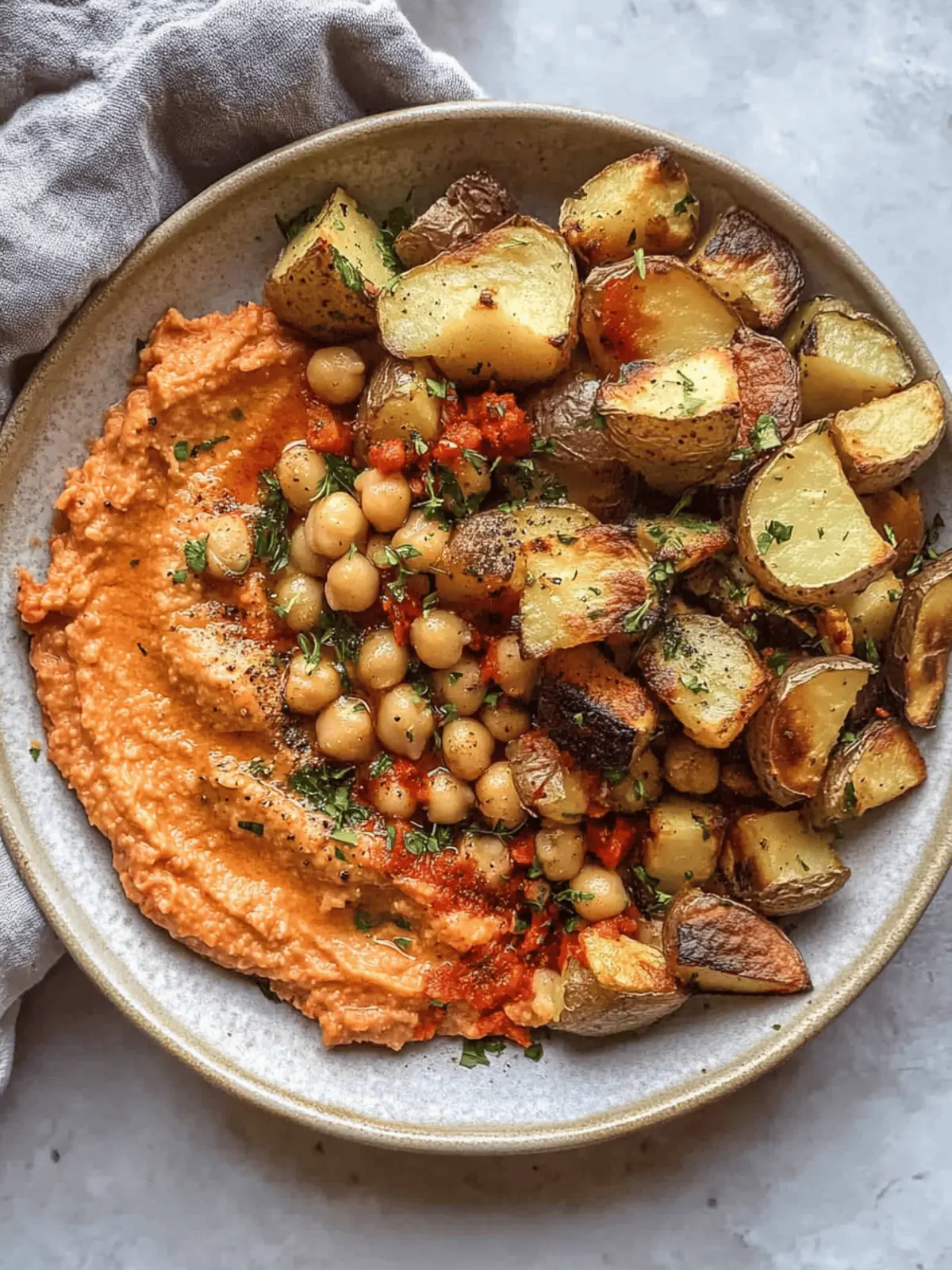 Zesty Red Pepper Feta Dip with Roasted Potatoes & Chickpeas