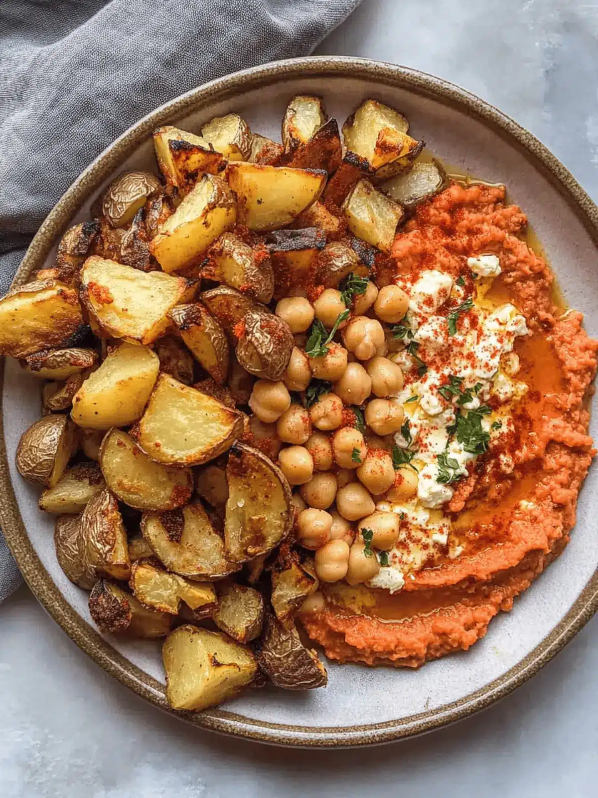 Red Pepper Feta Dip with Roasted Potatoes & Chickpeas