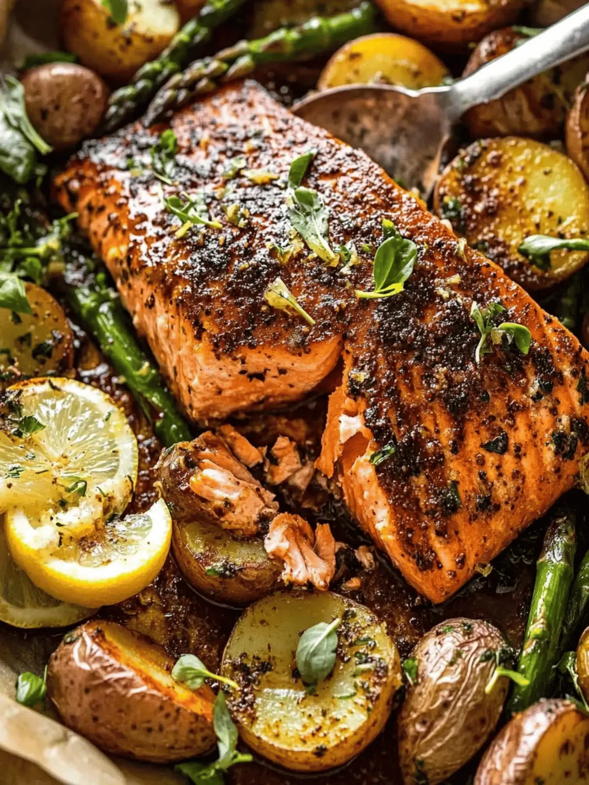 Lemon Brown Butter Salmon with Potatoes and Parmesan Asparagus