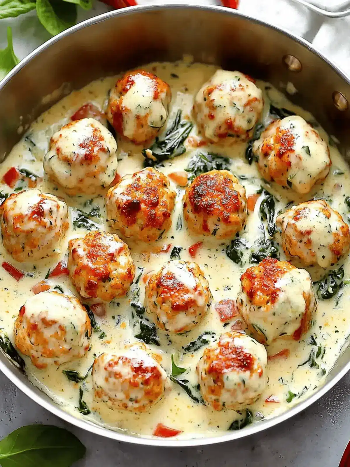 Baked Chicken Ricotta Meatballs in Spinach Alfredo Bliss