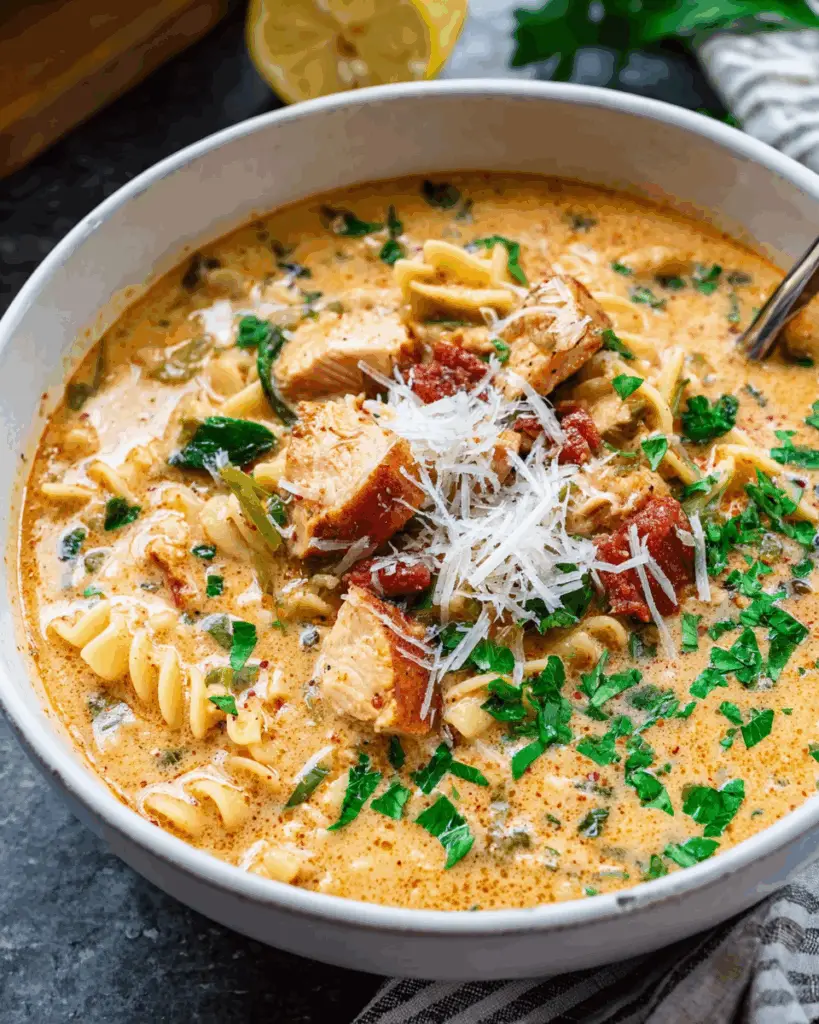 Creamy Parmesan Cajun Chicken Pasta Soup
