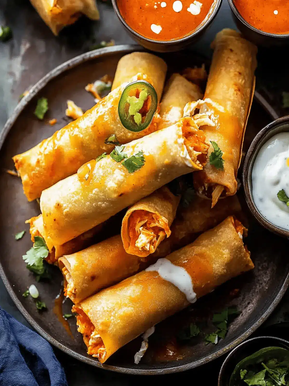 Jalapeño Cream Cheese Chicken Taquitos with Buffalo Sauce