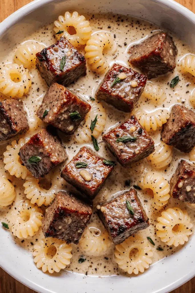 Garlic Butter Steak Bites & Shell Pasta