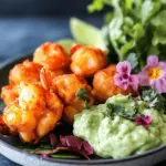 Blue Cheese Lobster Beignets with Spicy Avocado Cream + Garden Veggie Sauté