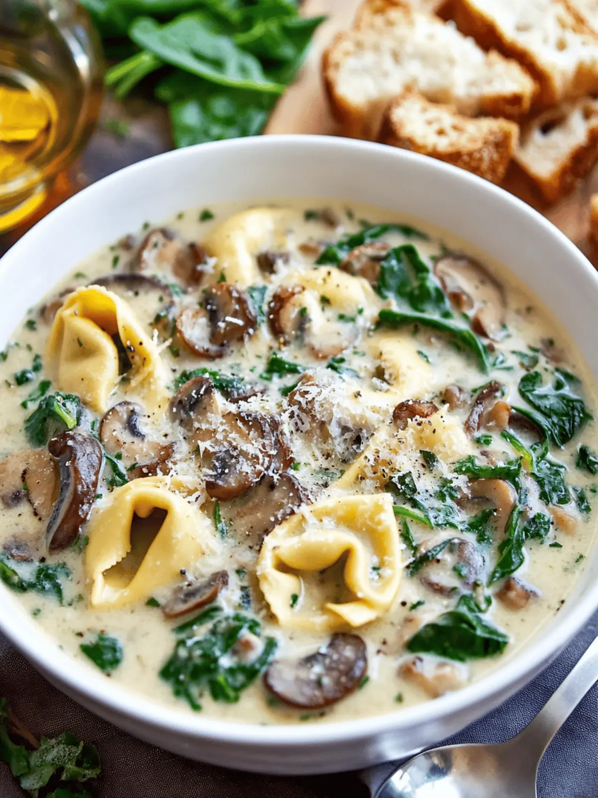 Creamy Parmesan Mushroom and Spinach Tortellini Soup