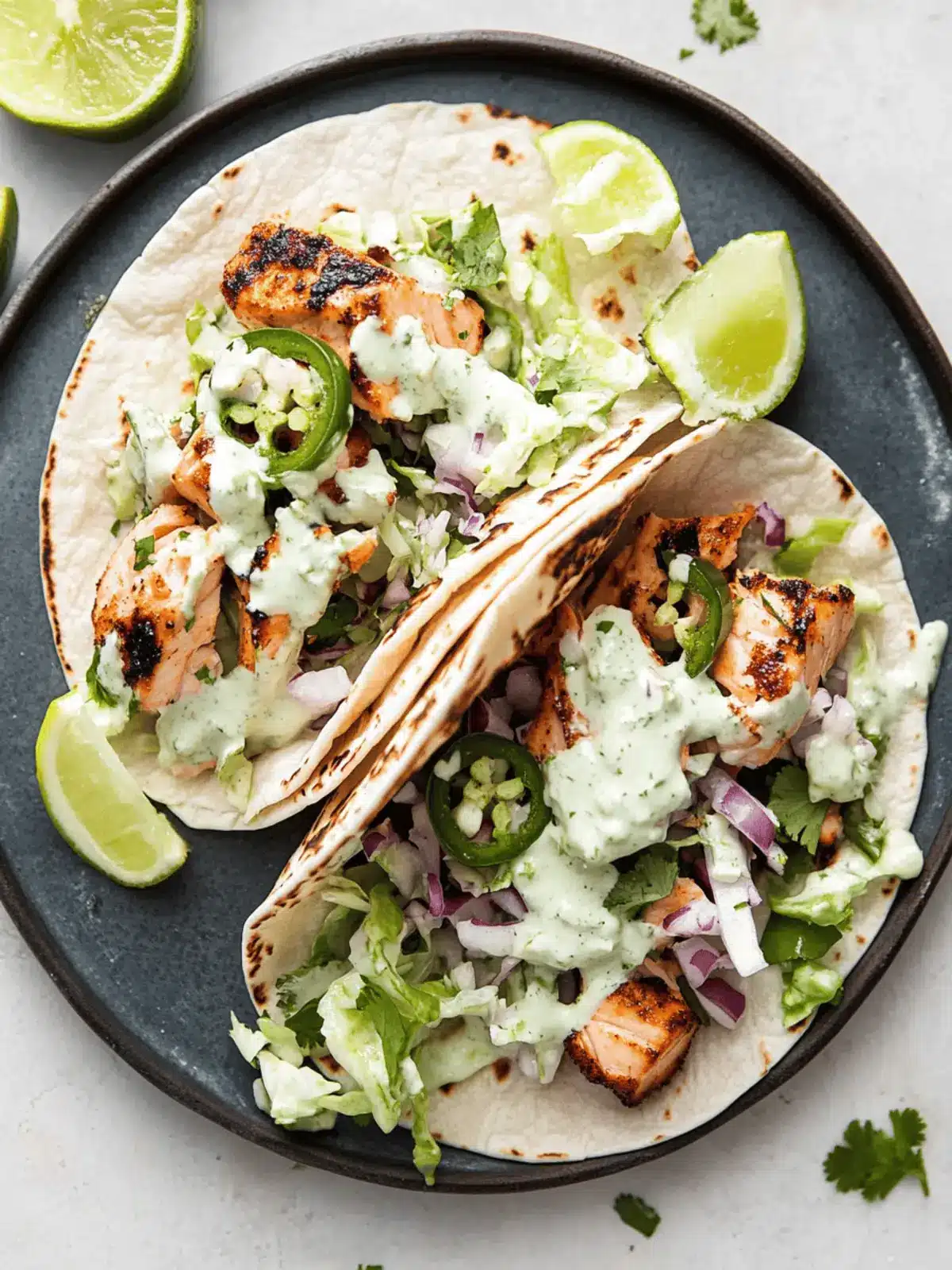 Spicy Salmon Tacos with Jalapeno Cilantro Slaw