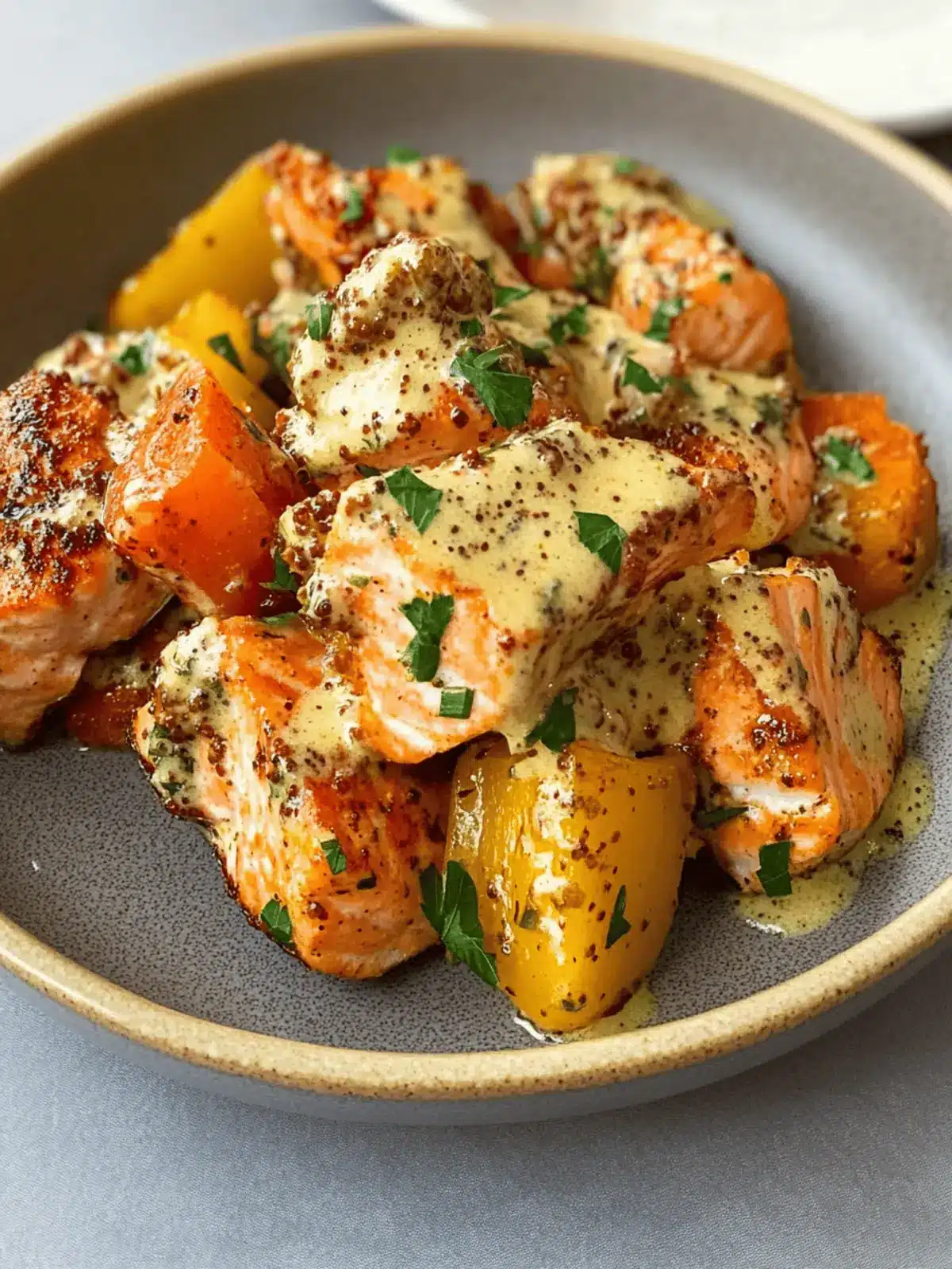 Delicious Honey Mustard Salmon Bites and Veggies in One Pan