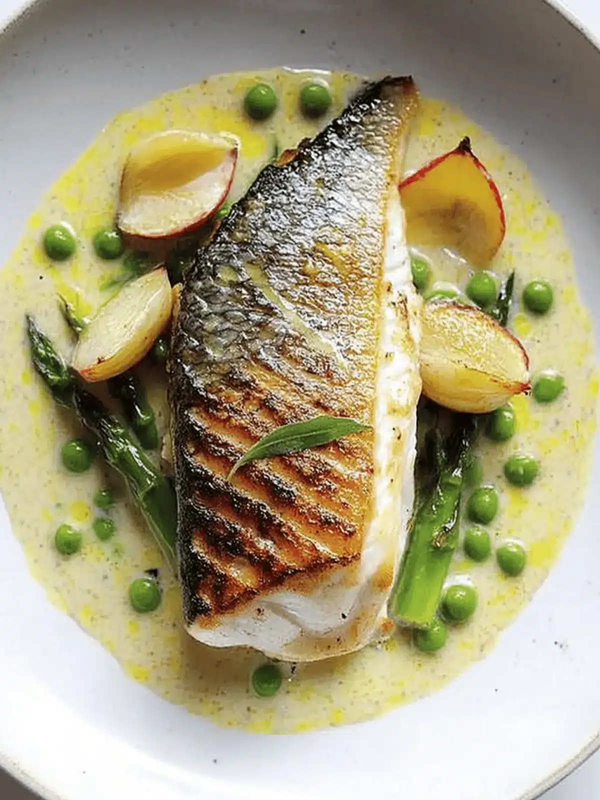Grilled Bream with Mustard Tarragon Sauce, Peas & Asparagus Delights
