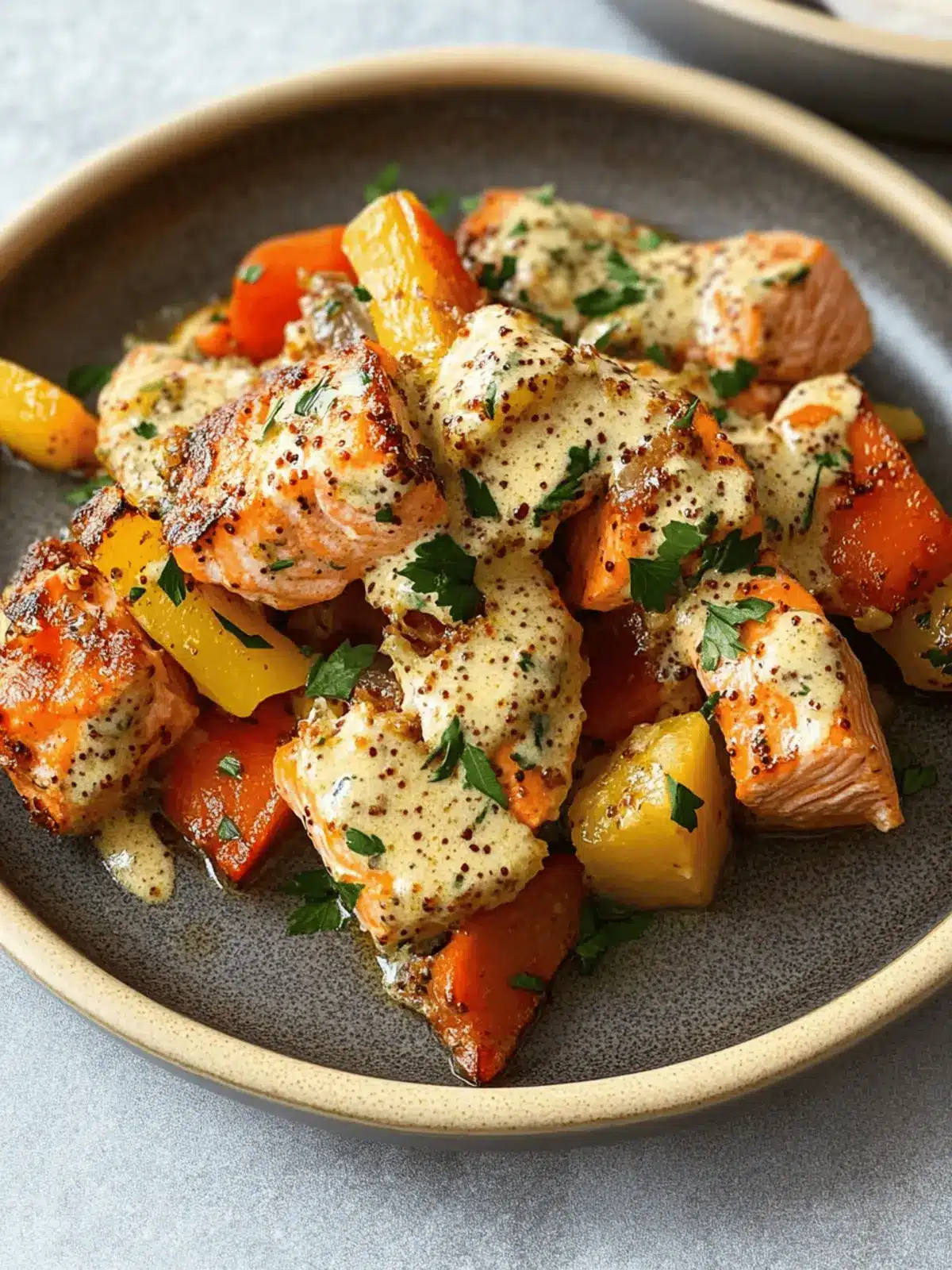 Delicious Honey Mustard Salmon Bites and Veggies in One Pan