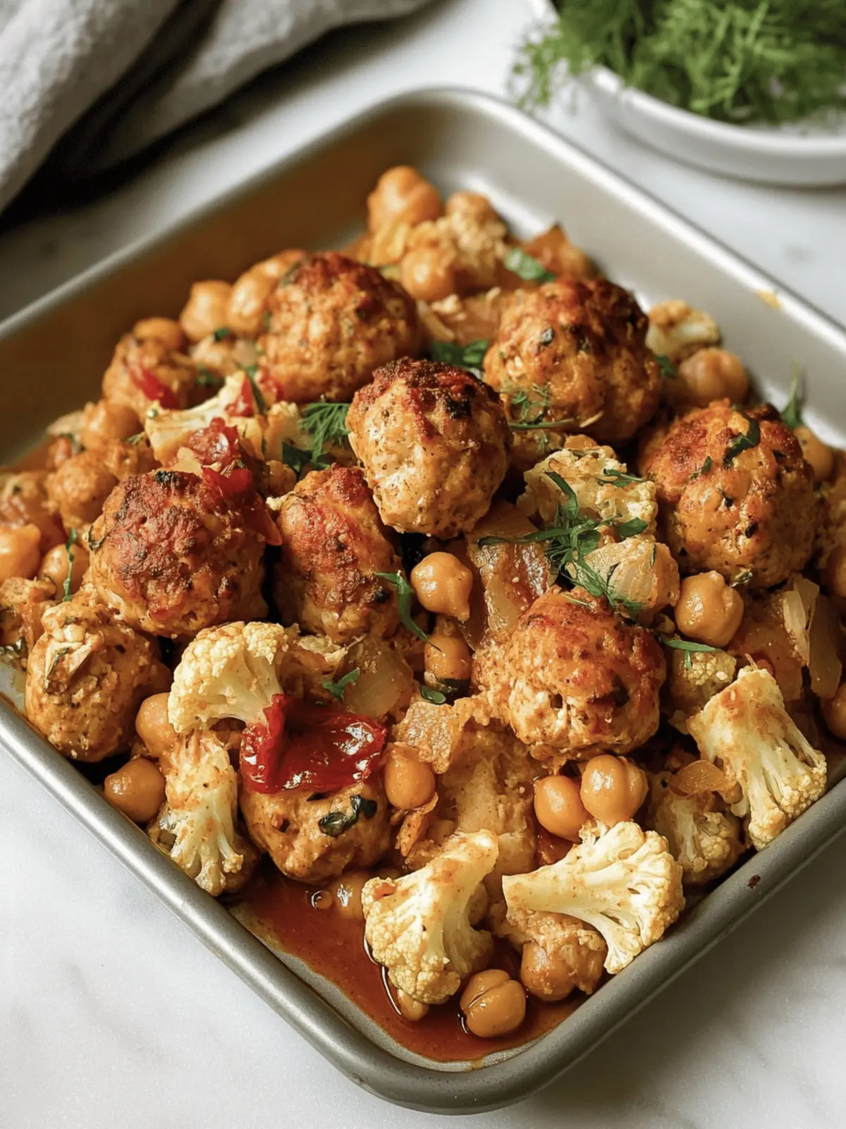 Sheet Pan Harissa Chicken Meatballs with Chickpeas and Cauliflower