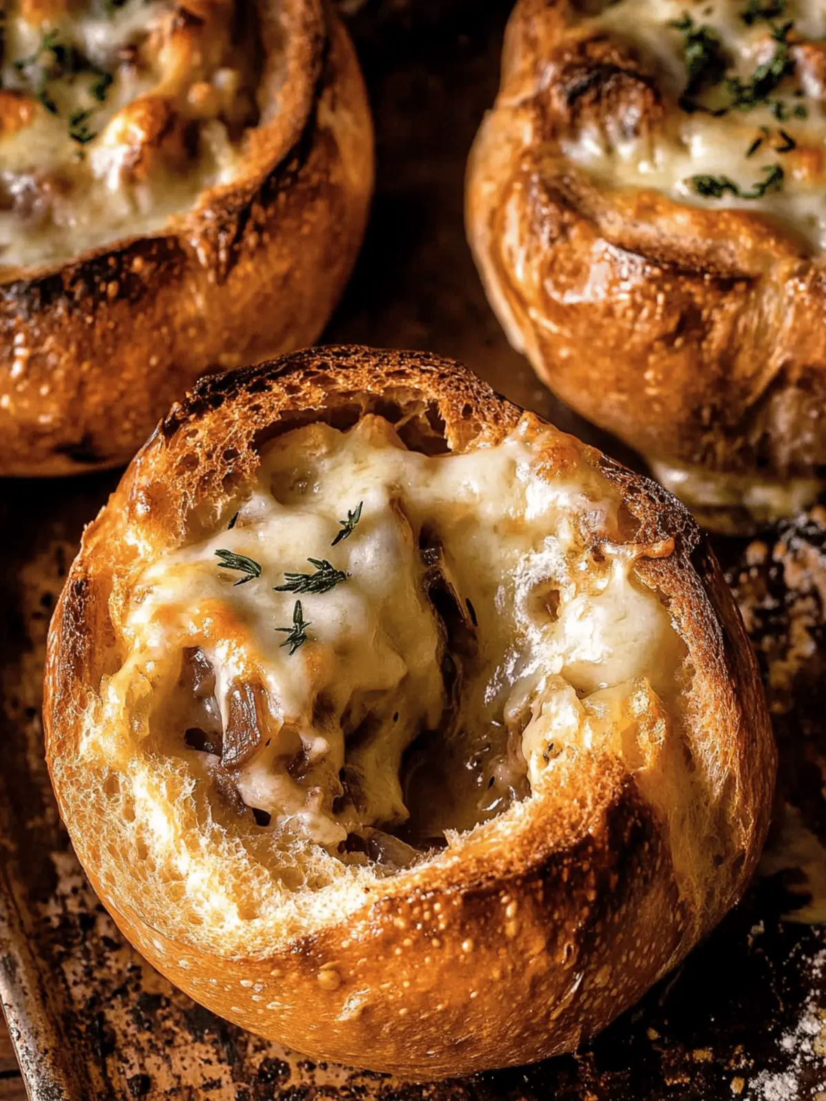 Deliciously Creamy French Onion Soup in Crunchy Bread Bowls