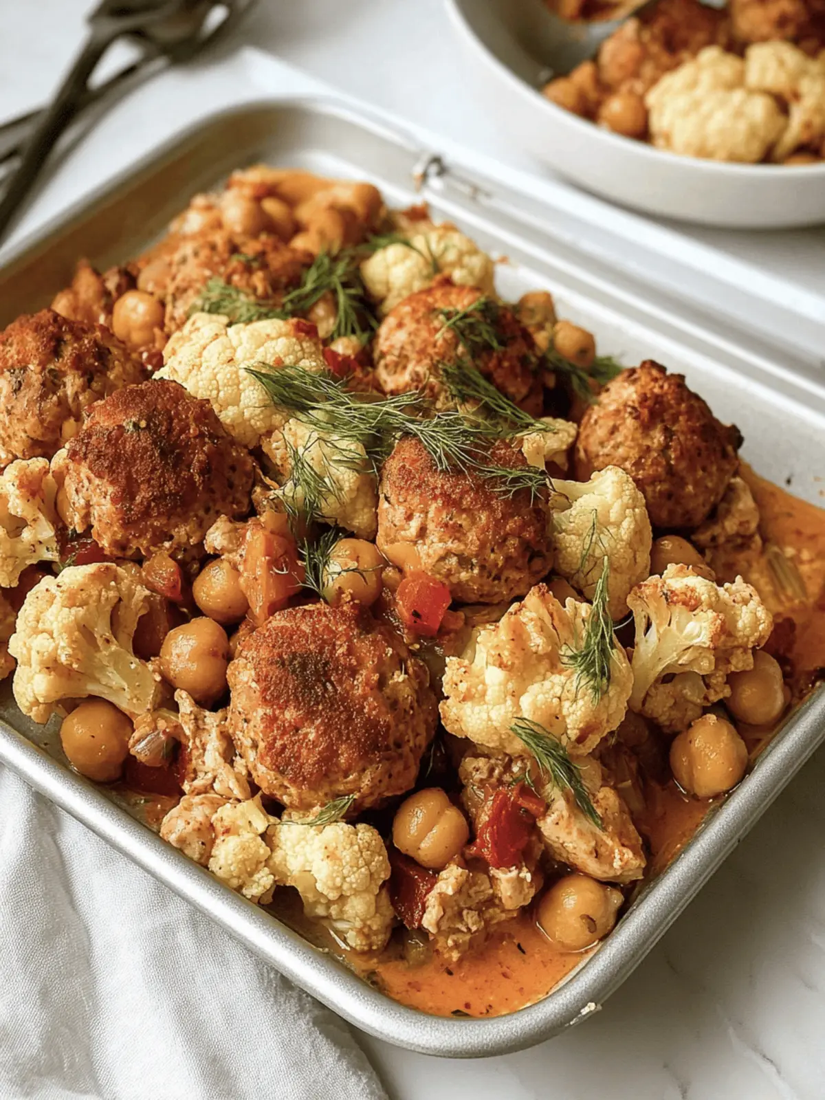 Sheet Pan Harissa Chicken Meatballs with Cauliflower and Chickpeas