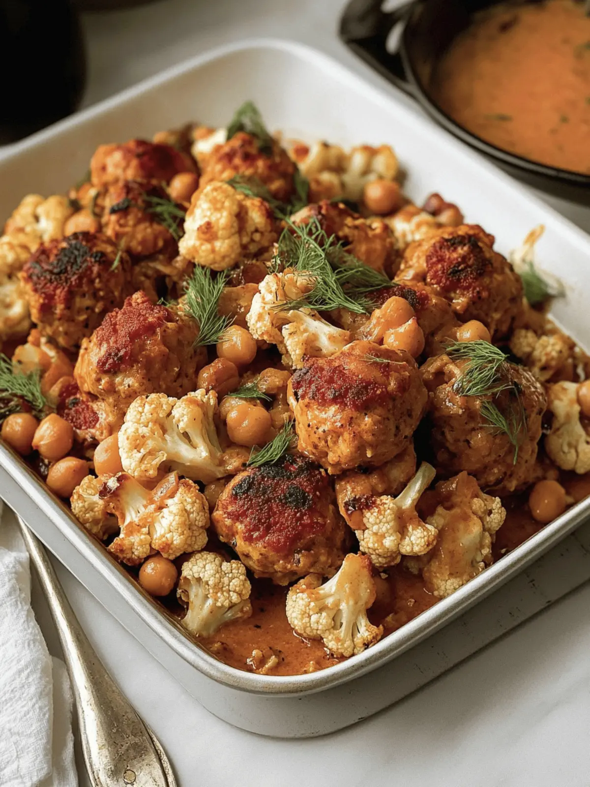 Sheet Pan Harissa Chicken Meatballs with Chickpeas and Cauliflower